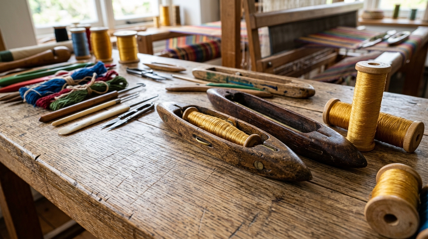 Wooden loom shuttles and silk thread spools on bench
